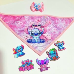 Kit bandana + laço + adesivo Angel e Stitch