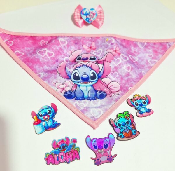 Kit bandana + laço + adesivo Angel e Stitch