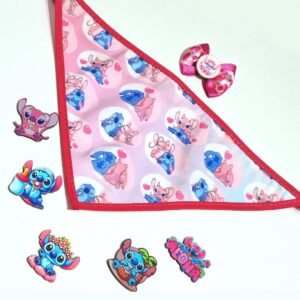 Kit bandana + laço + adesivo Angel e Stitch 02