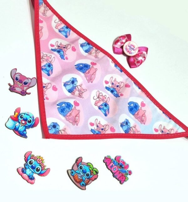 Kit bandana + laço + adesivo Angel e Stitch 02